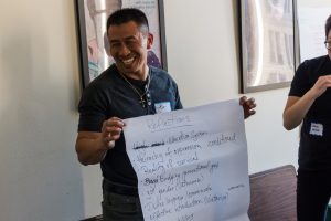 Image Description: A T4T participant looks to the left, smiling, as he holds up a flipchart.