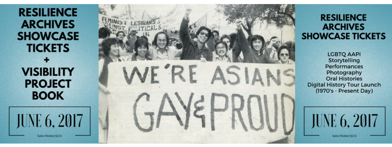 Image Description: Center image - a line of people stand behind a banner that reads "We're ASIANS, Gay & Proud." The people have their fists in the air. Original image credit: A Gay Left Journal, No. 6, Daniel C. Tsang, 1980